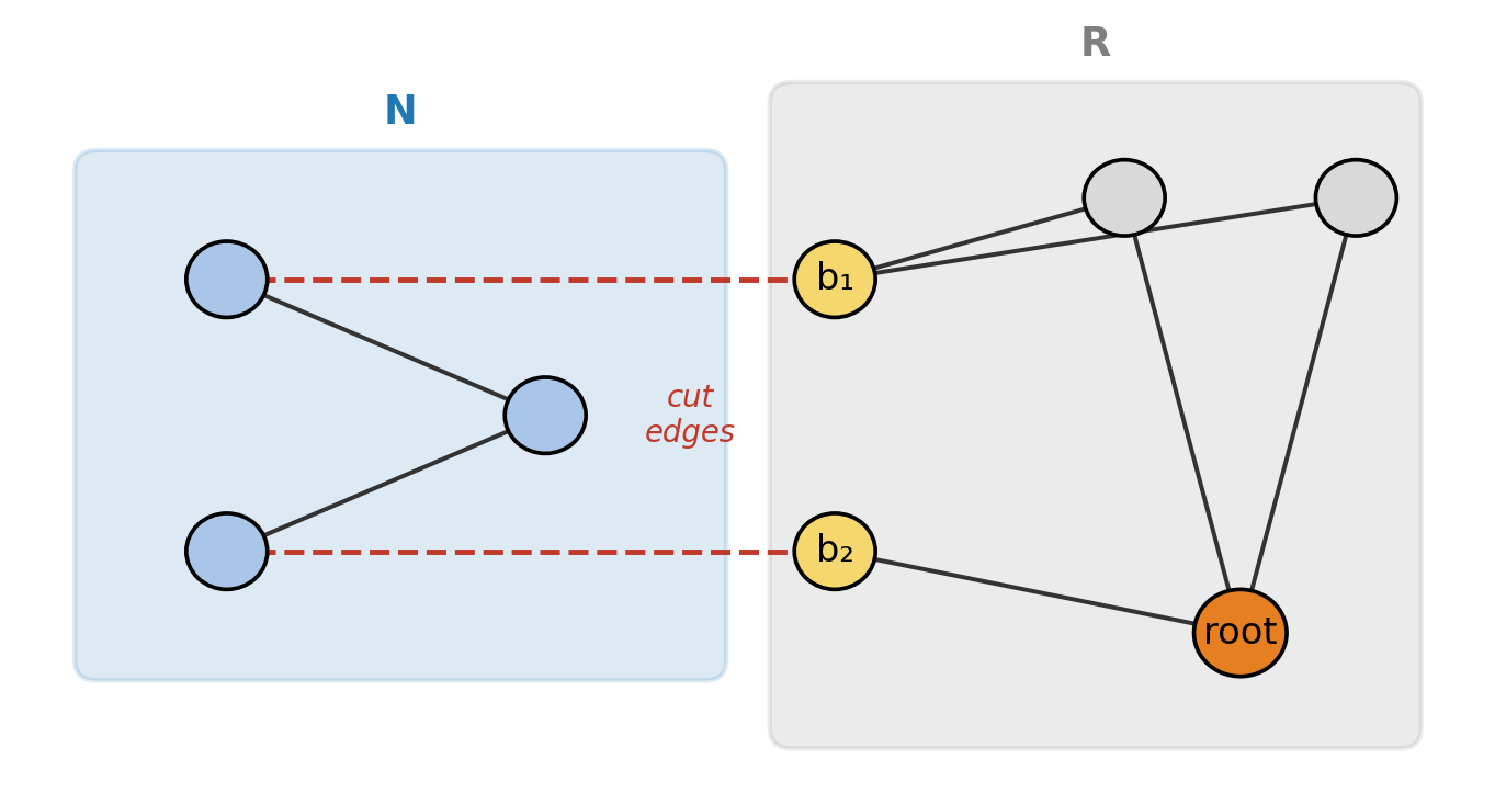 Diagram showing local network N connected across boundary edges to remote network R and its root.
